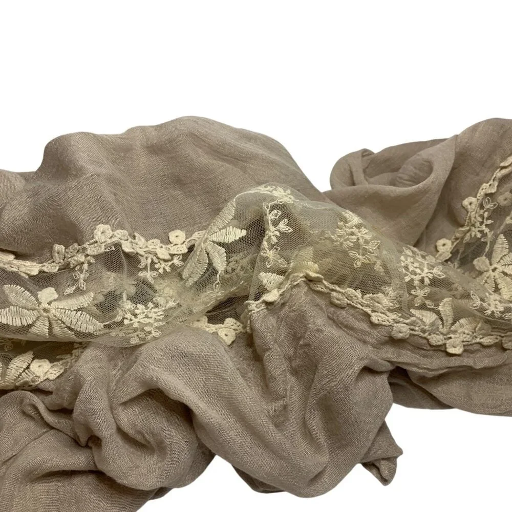 Circle Infinity Scarf‎ Taupe Lace Embroidered Cream Flowered Appliquéd Romantic
